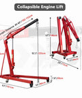 Rock Solid Folding Engine Crane 2 Ton 4400 Pound Capacity with adjustable arms and telescopic range, shown with dimensions.