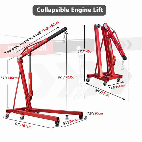 Rock Solid Folding Engine Crane 2 Ton 4400 Pound Capacity with adjustable arms and telescopic range, shown with dimensions.