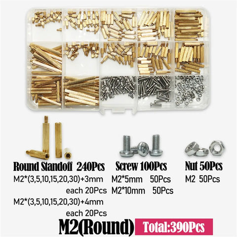 Brass Knurled Round Standoff Spacer Kit M2 For Electronics Projects Built For Geeky PCB Mounts And Motherboard Assembly Includes Male To Female And Female To Female Spacers With Nuts And Screws For Quick Solid Install, assorted brass standoffs and screws in organizer