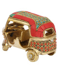 Sick Red Brass Auto Rickshaw Replica With Stone Studded Details Classic Indian Tuk Tuk Model Display Piece, 5x2.5x3 inches.