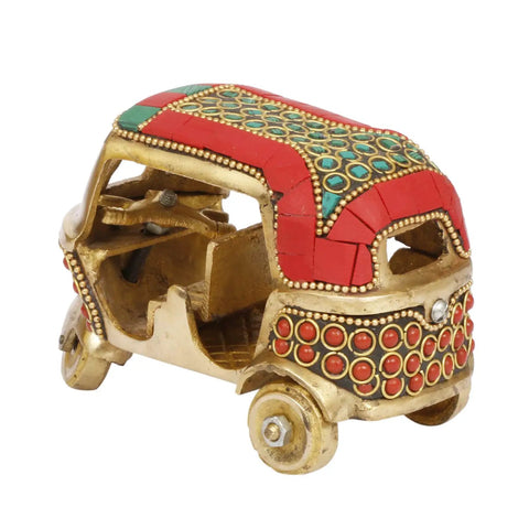 Sick Red Brass Auto Rickshaw Replica With Stone Studded Details Classic Indian Tuk Tuk Model Display Piece, 5x2.5x3 inches.