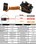 2G Micro Digital Servo Motors Dual Pack for RC Robots with wiring and specification chart, ideal component for Arduino projects
