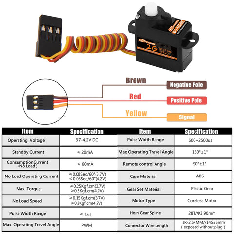 2G Micro Digital Servo Motors Dual Pack for RC Robots with wiring and specification chart, ideal component for Arduino projects