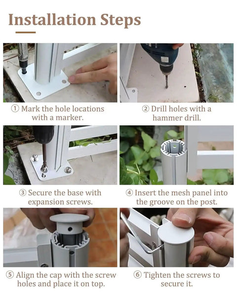 Installation steps for Heavy Duty Aluminum Fence Height Extender For Low Walls Featuring Anti Climb Design and Weather Ready Build.