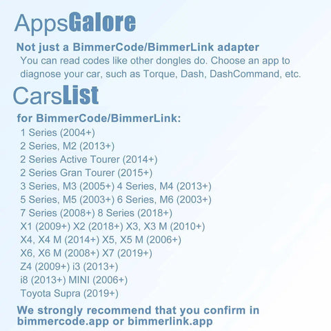 Apps and car compatibility list for Dope Bluetooth BLE OBD2 Scanner For BMW And Mini Unlock Hidden Features With BimmerCode On iPhone And Android OBD II Diagnostic Tool With Battery Registration DPF Regeneration And Exhaust Flap Remote.