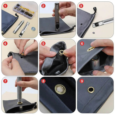 Step-by-step guide using One Quarter Inch Grommet Kit 200 Piece Set With Durable Metal Eyelets And Tools In Gold Silver Black Bronze for crafting.