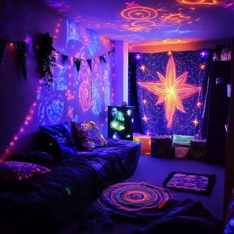 Room with 60ft Black Light String Lights With 240 LEDs For Lit Glow Parties Bedroom Decor And Fluorescent Poster Art