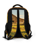 Back view of Summer Working Farm Landscape Printed Unisex Backpack With Large Capacity, featuring breathable straps and sturdy zipper.