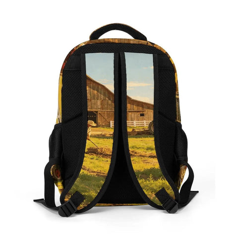 Back view of Summer Working Farm Landscape Printed Unisex Backpack With Large Capacity, featuring breathable straps and sturdy zipper.