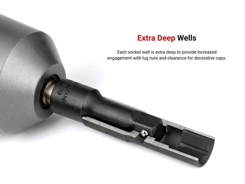 Close-up of extra deep 1/2 Inch Drive Flip Socket 19 x 21 mm Deep Thin Wall Impact Socket For Wheel Service With Reversible Flip Design