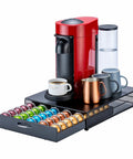 Space Saving Coffee Pod Organizer in a Sleek Black Metal Stand Holds 50 Pods with easy access and quick refills.