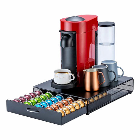 Space Saving Coffee Pod Organizer in a Sleek Black Metal Stand Holds 50 Pods with easy access and quick refills.