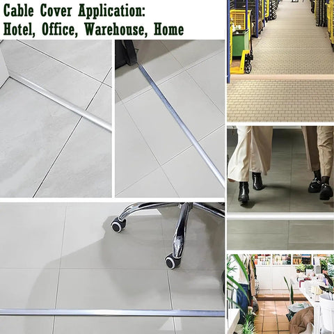 Paintable Aluminum Cable Raceway Kit with Self Adhesive Cord Cover for Floor and Wall Keeps Wires Hidden and Clutter Free Hassle Free Layout Prevents Trip Hazards 6/5 in to 8/5 in Width 10 PC Pack Each 36 in Long shown in various applications on floors