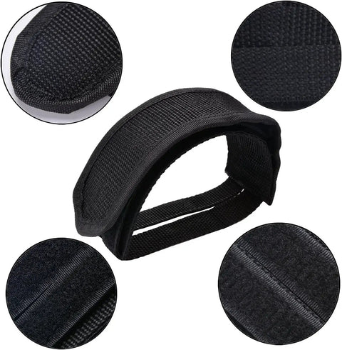 Two Pack Black Beam Strap Pedal Straps For Fixed Gear Bikes And Cleats, durable foot straps shown in detail with close-up of materials.