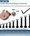 M3 Hex Socket Head Cap Screws Kit with Nuts and Wrench Key Allen Drive, multiple sizes, black zinc finish, diagram view