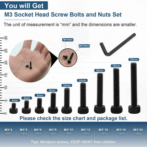 M3 Hex Socket Head Cap Screws Kit with Nuts and Wrench Key Allen Drive, multiple sizes, black zinc finish, diagram view