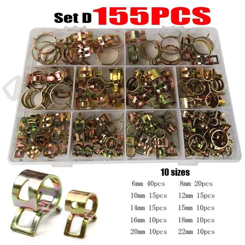 Super Tough 155PC Hose Clamp Assortment Kit With Sizes 6mm To 22mm Perfect For Cars Trucks And Water Piping Projects That Need Zero Rust Or Leaks. 155-piece zinc-plated hose clamp set in organizer box, 6mm-22mm