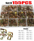 Solid 155 Piece Spring Hose Clamp Kit With 6 To 22mm Sizes Perfect For Cars Trucks And Pipes Featuring Smooth Rolled Edges For Safe Easy Install And Fast Repairs On Water Lines Plus Heavy Duty Fasteners That Will Last A Long Time Without Ripping. 155 pcs zinc-plated spring hose clamps in case, 6-22mm