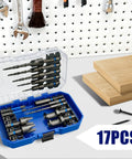 Boss Quality 17 Piece Countersink Drill Bit Set With Hex Shank Wood Plug Cutters in a blue case with wooden boards and screws.