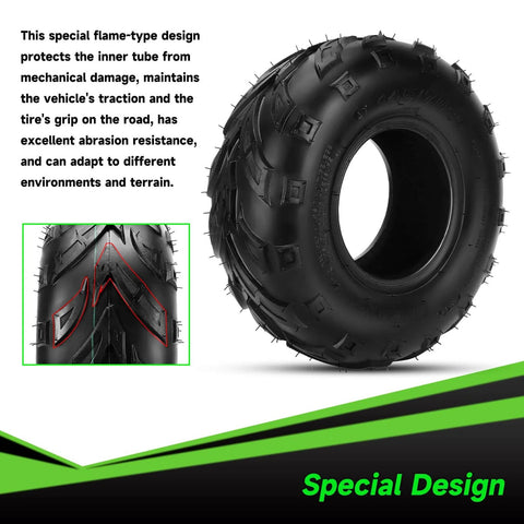 145/70-6 Tubeless Tire For Mini Bikes And ATVs, shown with tread pattern and sidewall, wide fit special design