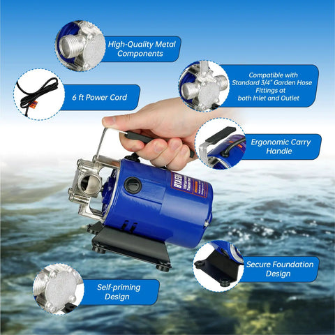 Go To Water Transfer Pump 115V One Tenth HP 330 GPH with ergonomic handle and suction hose kit, shown in use for water transfer