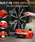 5 Ton 12V Electric Car Jack Kit with Built In Impact Wrench And Tire Inflator Pump for SUV Sedan Truck, shown inflating tire