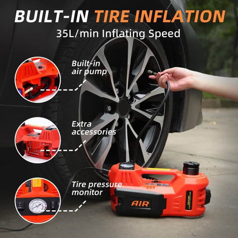 5 Ton 12V Electric Car Jack Kit with Built In Impact Wrench And Tire Inflator Pump for SUV Sedan Truck, shown inflating tire