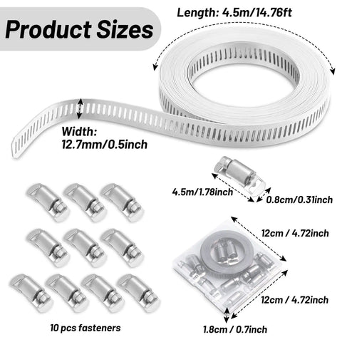 Heavy Duty Adjustable Hose Clamp Kit 304 Stainless Steel Band 14.7 Ft Duct Strapping With Holes And 10 Strong Fasteners sizes shown