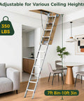 10 Ft Aluminum Attic Ladder Pull Down System For 22.5 X 54 Inch Opening, Fits Ceilings From 7 Ft 8 In To 10 Ft 3 In, Heavy Duty Attic Access With Solid Pine Rails And Reinforced Base, Smooth Operation And Easy Install. in living room ceiling opening, 350 lbs