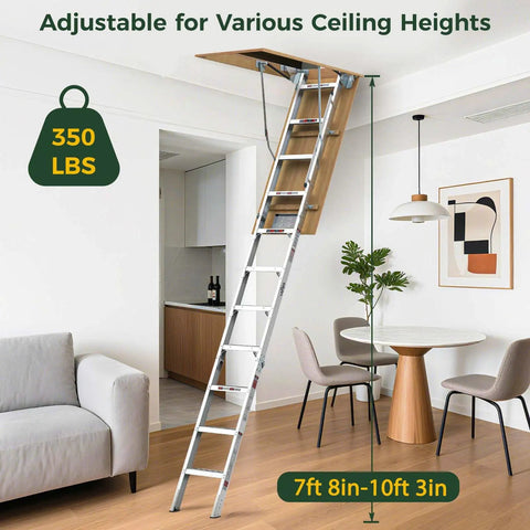 10 Ft Aluminum Attic Ladder Pull Down System For 22.5 X 54 Inch Opening, Fits Ceilings From 7 Ft 8 In To 10 Ft 3 In, Heavy Duty Attic Access With Solid Pine Rails And Reinforced Base, Smooth Operation And Easy Install. in living room ceiling opening, 350 lbs