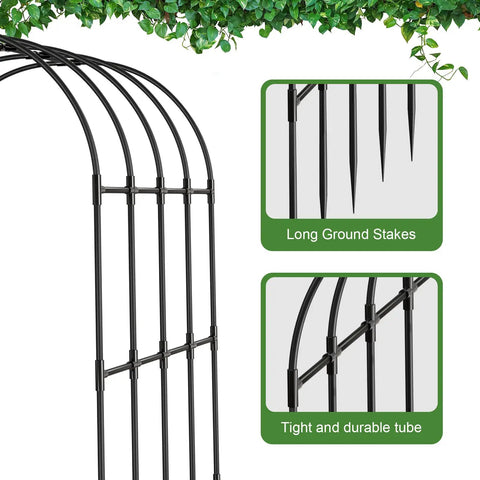 Sturdy Metal Garden Arch Trellis For Climbing Plants Outdoor Yard And Garden With Decorative Wire Lattice Black Finish detail of stakes and tubes