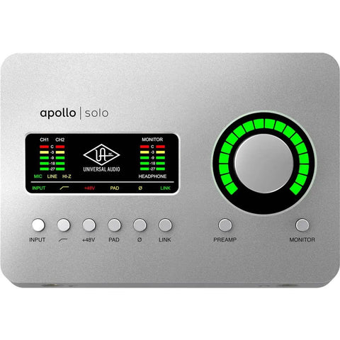 Apollo Solo Heritage Edition Desktop 2x4 Thunderbolt 3 Audio Interface with Unison Preamps, control panel and LED meters visible