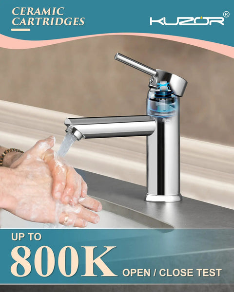 Person washing hands under Brass Bathroom Faucet With Detachable Spout, 3.79-Inch High Spout, chrome finish, on a modern sink