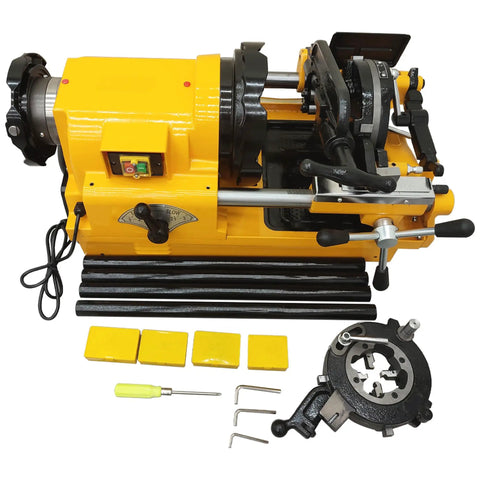 Heavy Duty 220V Electric Pipe Threader Workhorse With Rock Solid Speed Grip Chuck For Cutting One Half To Three Inch Conduits Includes Six Bspt And Npt Die Sets For Knucklebuster Plumbing Jobs - top view of machine with accessories.