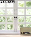 Rock Solid 3 Inch Matte Black Hook And Eye Latch for Swing Barn Doors on white window with vintage radio.