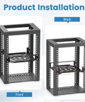 Slick 1U Rack Mount Bracket For Mac Mini M1 And M2 Models shows front and back views of tool-free assembly steel frame.