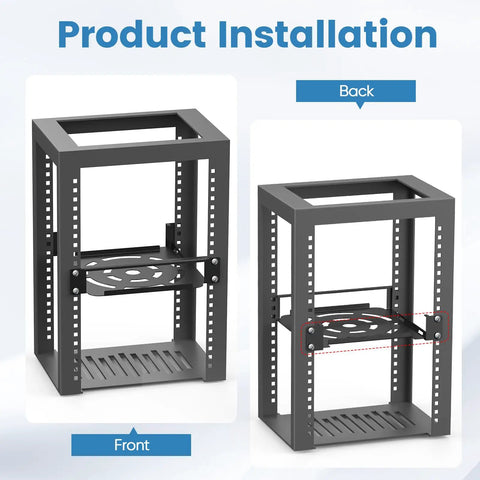 Slick 1U Rack Mount Bracket For Mac Mini M1 And M2 Models shows front and back views of tool-free assembly steel frame.