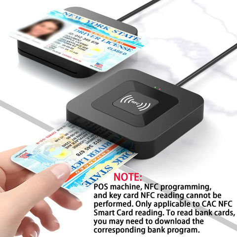 NFC Dual Interface Smart Card Reader For CAC And DOD IDs Tap Read Contactless Cards With USB C Adapter demonstrating card scanning