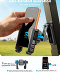 Close-up of Double Fold Golf Cart Phone Holder Mount showing 1 Second Lock release with magnetic grip, fits iPhone and Samsung phones.