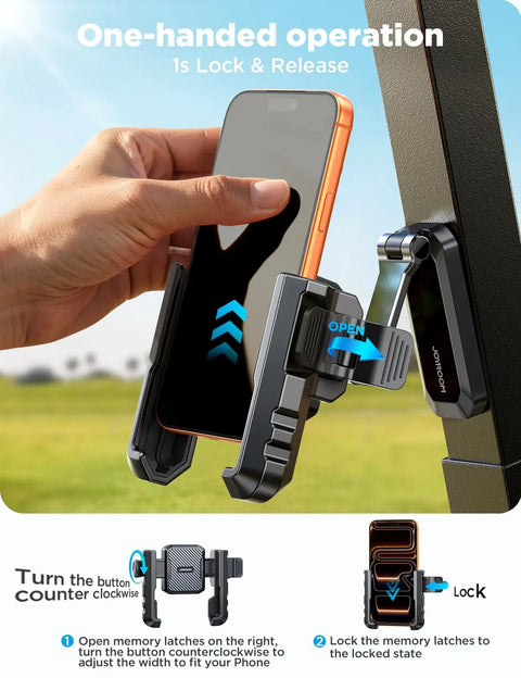 Close-up of Double Fold Golf Cart Phone Holder Mount showing 1 Second Lock release with magnetic grip, fits iPhone and Samsung phones.
