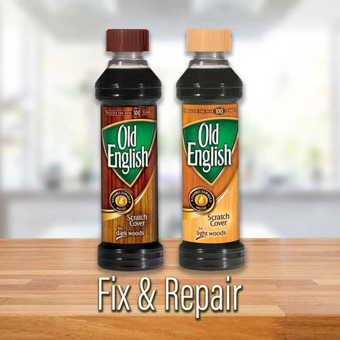 Light Wood Scratch Cover And Polish Pack Of 2 for a slick easy shine, showcasing two bottles on a wooden surface with blurred background.