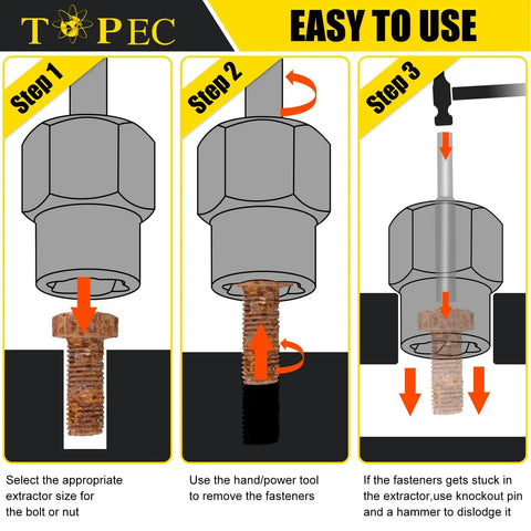 Instructions for using 35-Piece Bolt Extractor Kit With One Quarter And Three Eighths Inch Drive No Nonsense Easy Out Socket Set.