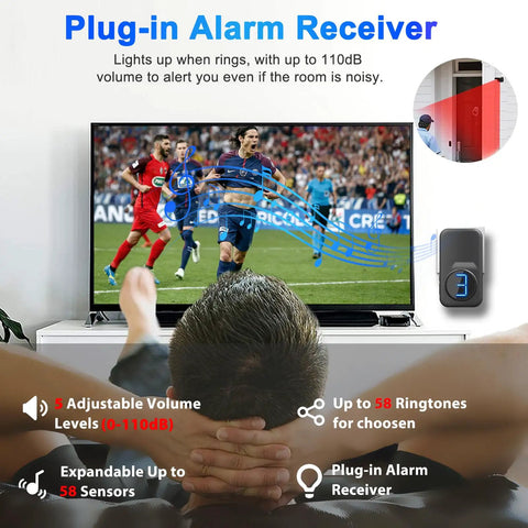 Wireless Driveway Alarm System With 600 Foot Range All Weather Outdoor Motion Sensor And Microwave Infrared Detector Real Time Alerts display showing plug-in alarm receiver and features.