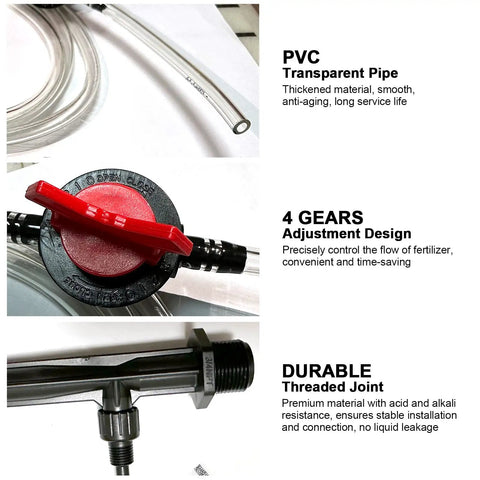 Venturi Fertilizer Injector Kit Three Quarter Inch Water Inlet Outlet NPT garden irrigation mixer with PVC pipe, adjustable gears, and threaded joint.