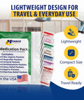 MFASCO Medication Pack 7-in-1 travel kit in green pouch with 28 OTC packets (front view)