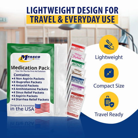 MFASCO Medication Pack 7-in-1 travel kit in green pouch with 28 OTC packets (front view)
