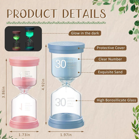 Detailed view of two sand timers from the Nine Colorful Luminous Sand Timers Set With 0.5, 1, 2, 3, 5, 10, 15, 20, 30 Minute Intervals Glow In The Dark Hourglasses