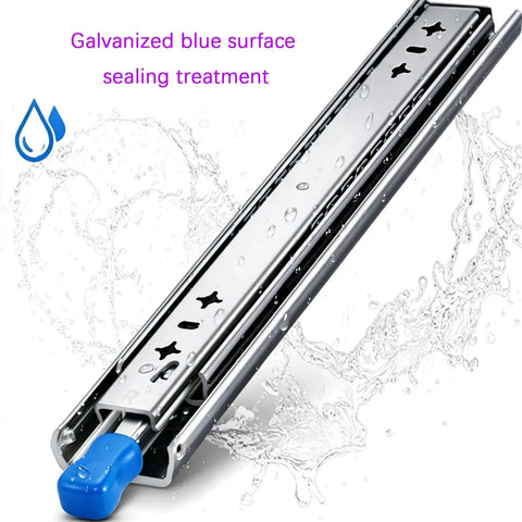 Beefy Drawer Slides With Lock And Soft Close Full Extension Ball Bearing Detachable Sides For Cabinets And Tool Chests Fits 300mm 500mm Or 950mm Length 1 Pair, galvanized blue surface treatment with water droplets