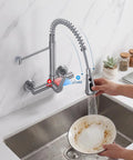 Hurran Wall Mount Kitchen Faucet, Commercial Utility Sink Faucet with flexible spring sprayer and dual temperature settings.
