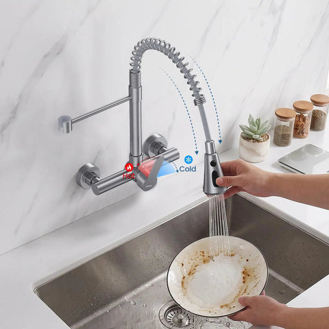 Hurran Wall Mount Kitchen Faucet, Commercial Utility Sink Faucet with flexible spring sprayer and dual temperature settings.